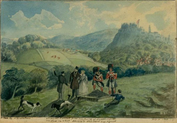 STIRLING CASTLE from the feild (sic) of Bannockburn 	The stone on which BRUCE’S standard was placed.  May 10 1842. William Greenlees