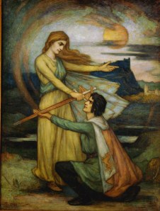 ‘Robert the Bruce receiving the Wallace sword from the Spirit of Scotland in the guise of the Lady of the Lake on the eve of Bannockburn, by Stirling Castle.  Painted at a time when our ancient freedoms were under threat from Nazism and Fascism’.